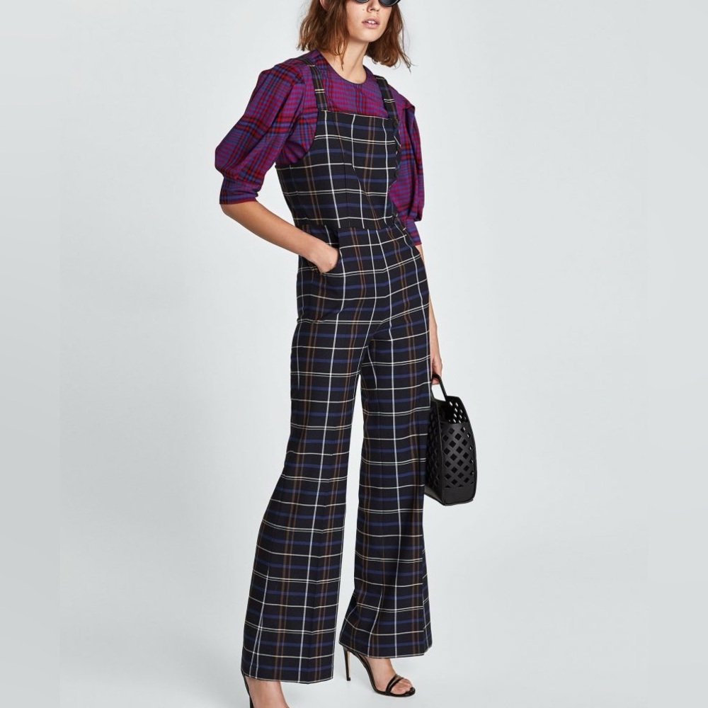 Zara | Plaid Check Button Overalls Jumpsuit
